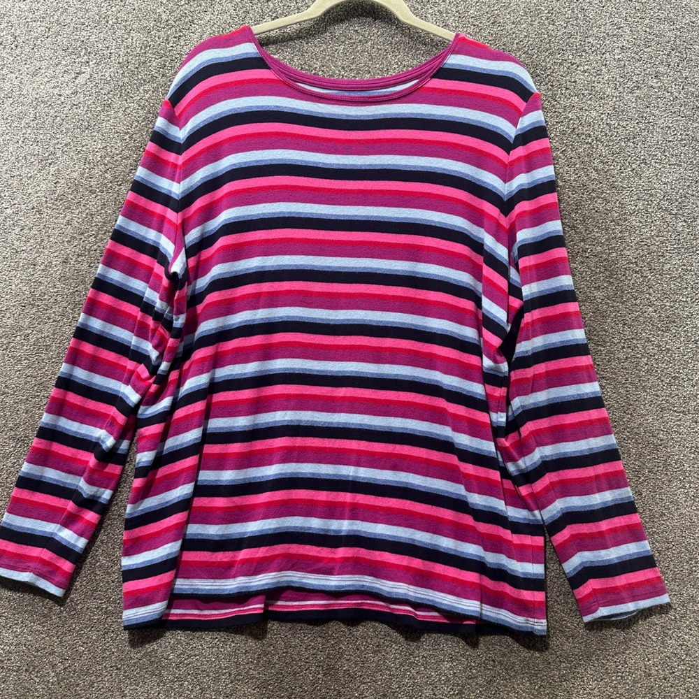 Talbots T-shirt Top Women 2X Petite Pink Blue Striped Cotton Long Sleeve Tee